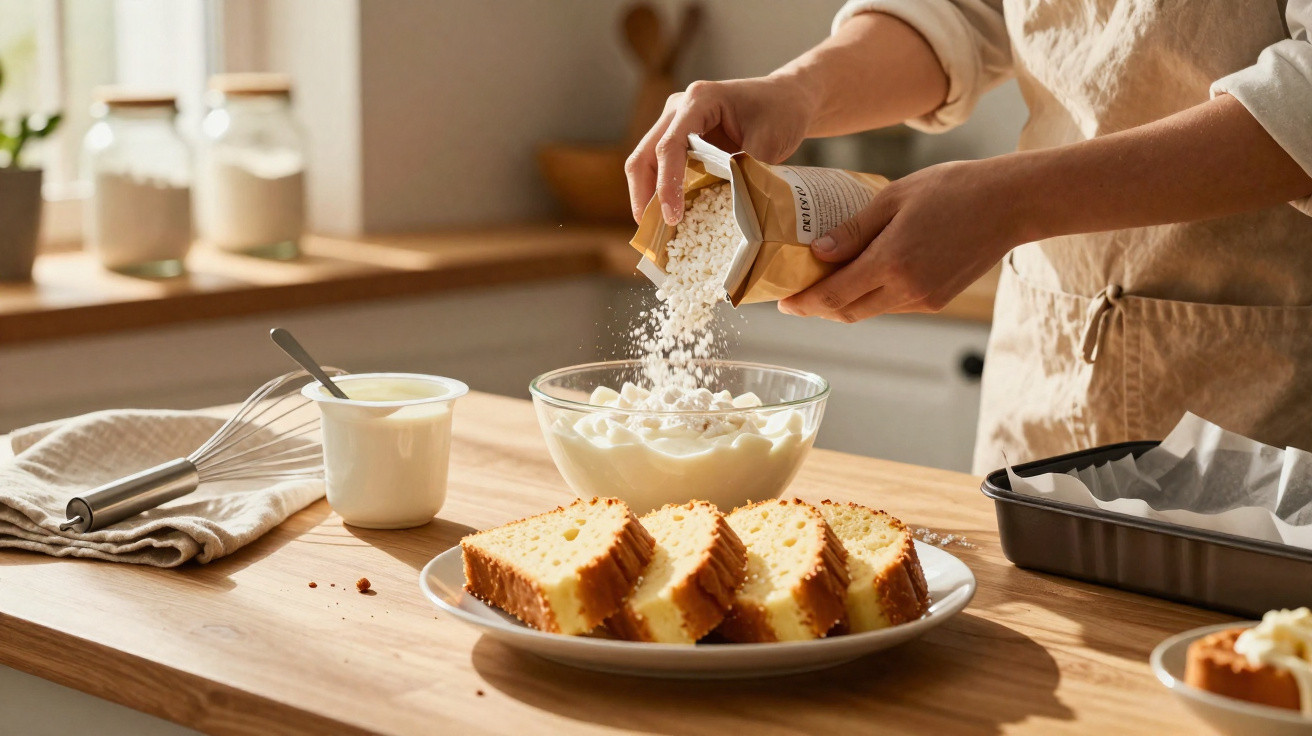 Pessoa a polvilhar açúcar em creme num recipiente, com fatias de bolo numa mesa de cozinha.