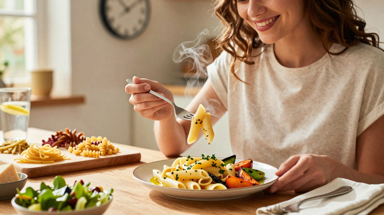 Mulher sorridente a comer massa quente com legumes num prato branco à mesa de madeira.