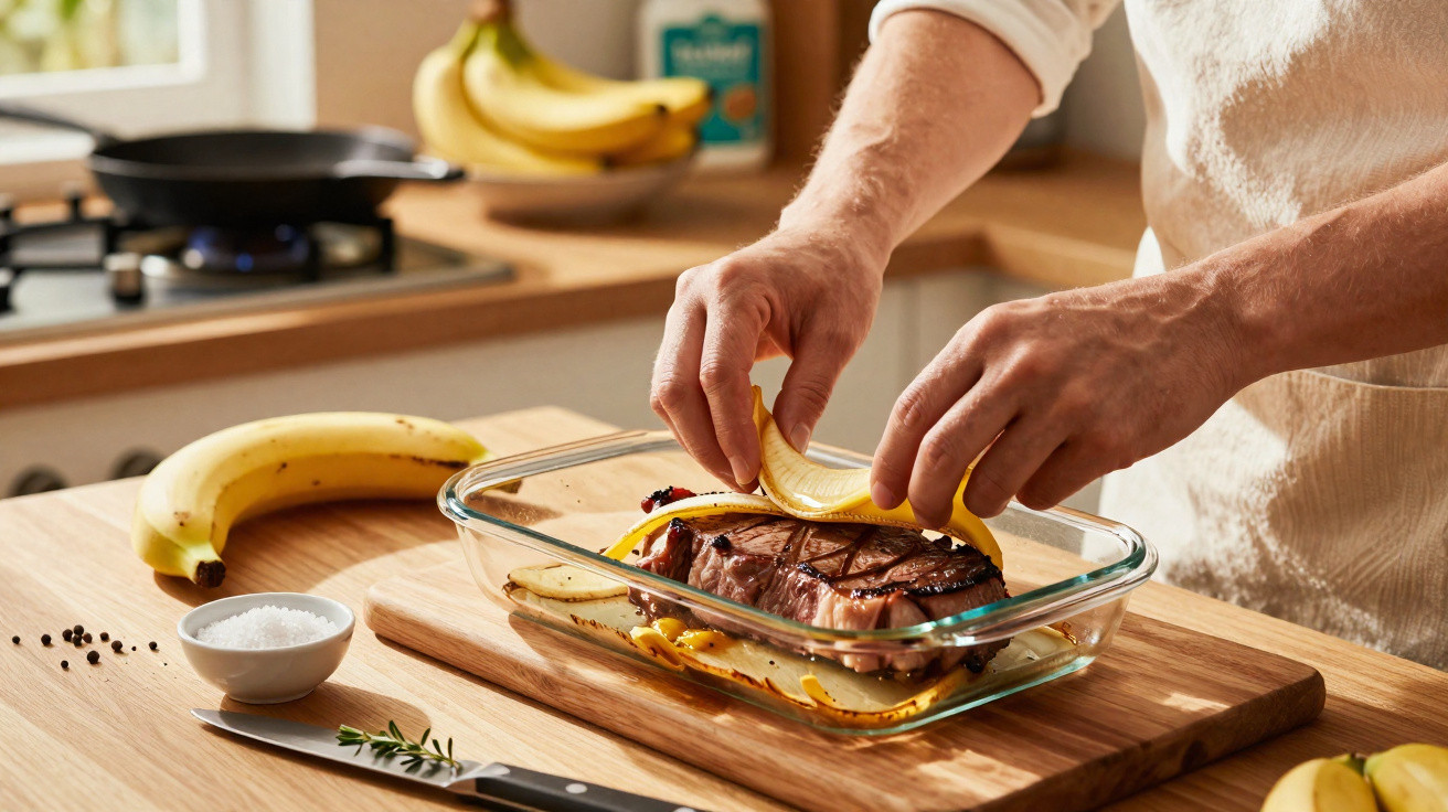 Pessoa prepara bife grelhado numa taça de vidro com rodelas de banana na cozinha.
