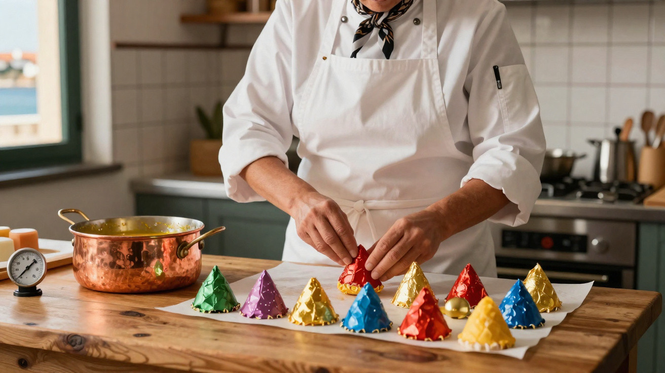 Chef a moldar doces coloridos em forma de cone numa cozinha moderna.