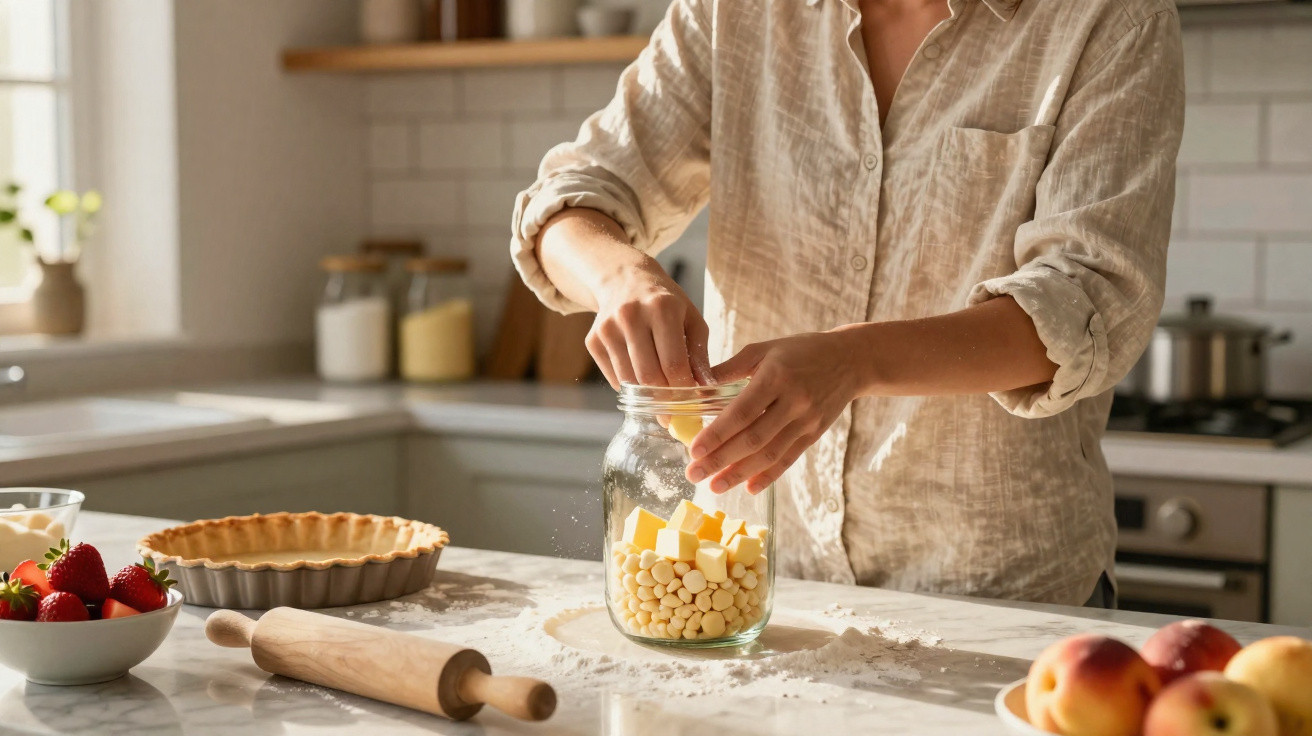 Pessoa a partir cubos de manteiga para dentro de frasco de vidro numa cozinha iluminada e com ingredientes para tarte.