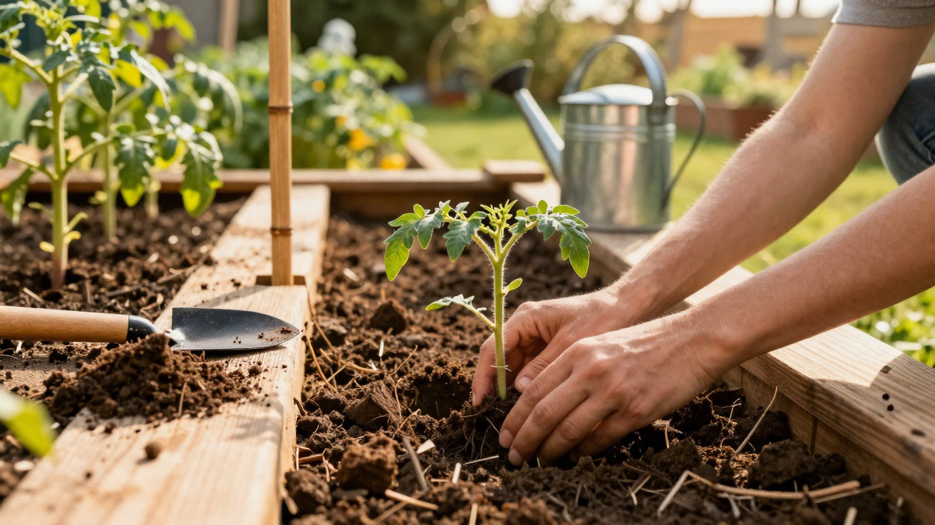 Pessoa a plantar muda de tomate numa horta com solo e regador ao fundo.