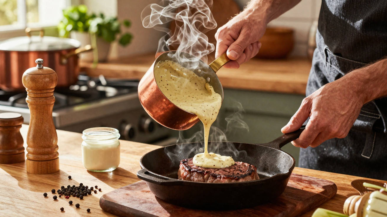 Pessoa a verter molho cremoso quente sobre um bife numa frigideira de ferro fundido numa cozinha rústica.