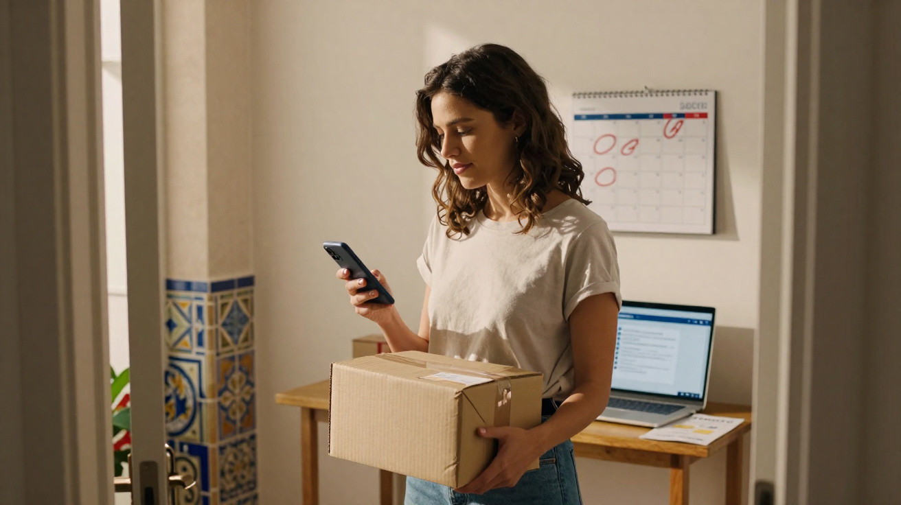Mulher a segurar uma caixa de cartão e a consultar o telemóvel num escritório em casa.