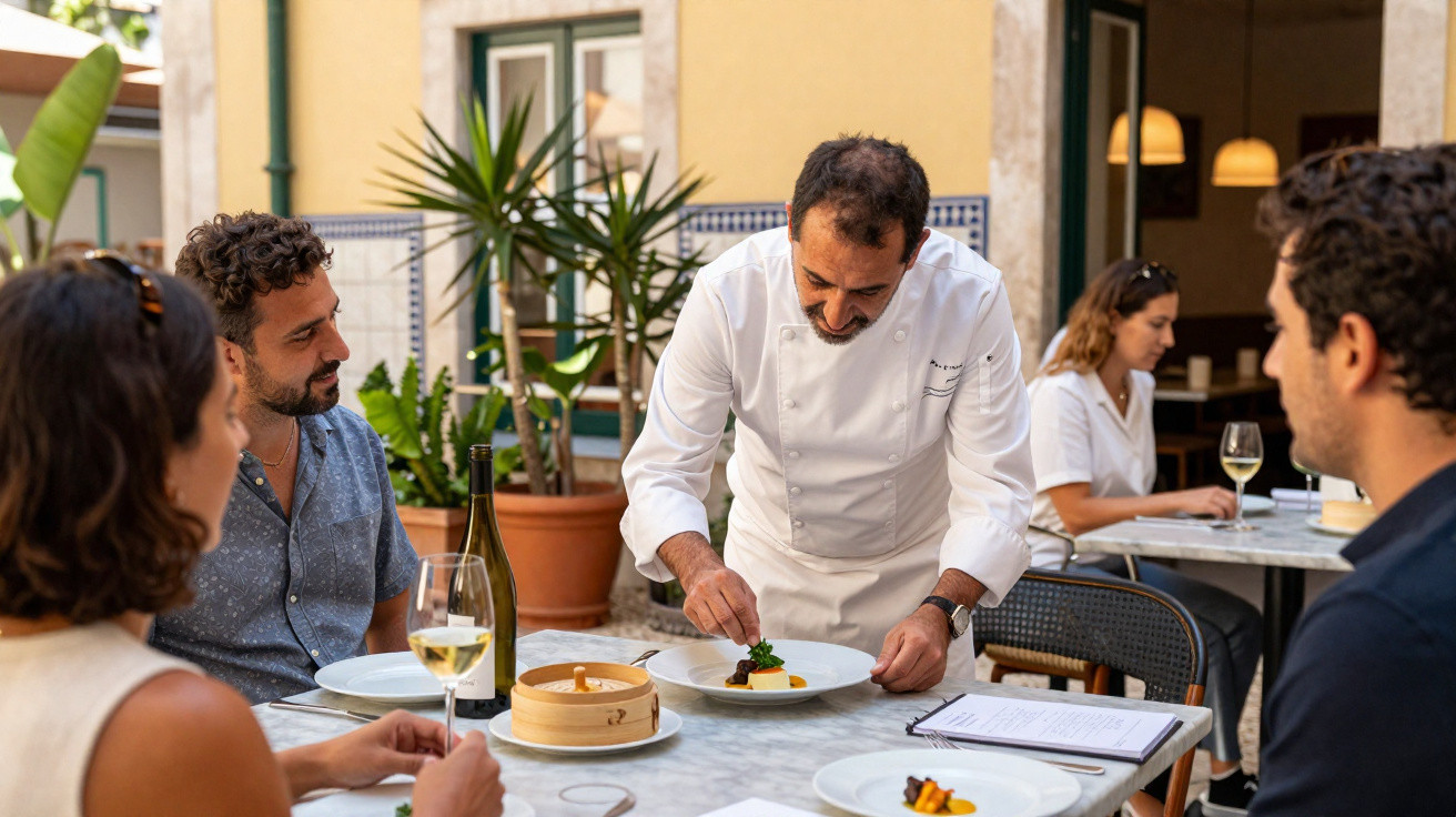 Chef serve prato gourmet a três clientes numa esplanada com decoração acolhedora e vinho branco na mesa.