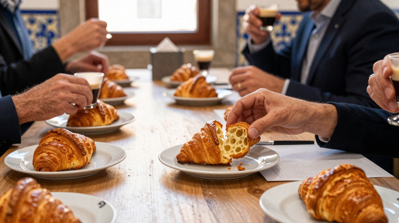Pessoas de negócios sentadas à mesa a comer croissants e beber café numa reunião informal.