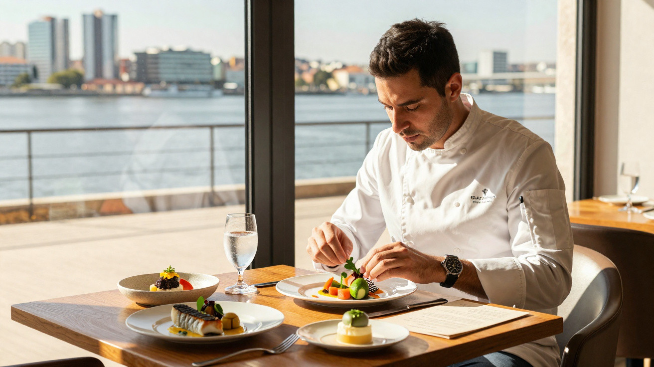 Chef a decorar pratos gourmet numa mesa junto a uma janela com vista para o rio e edifícios ao fundo.