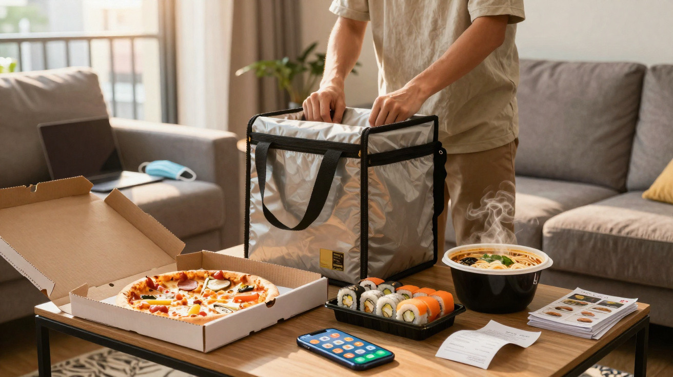 Homem a apanhar comida para entrega, com pizza, sushi e noodles numa mesa de sala de estar.