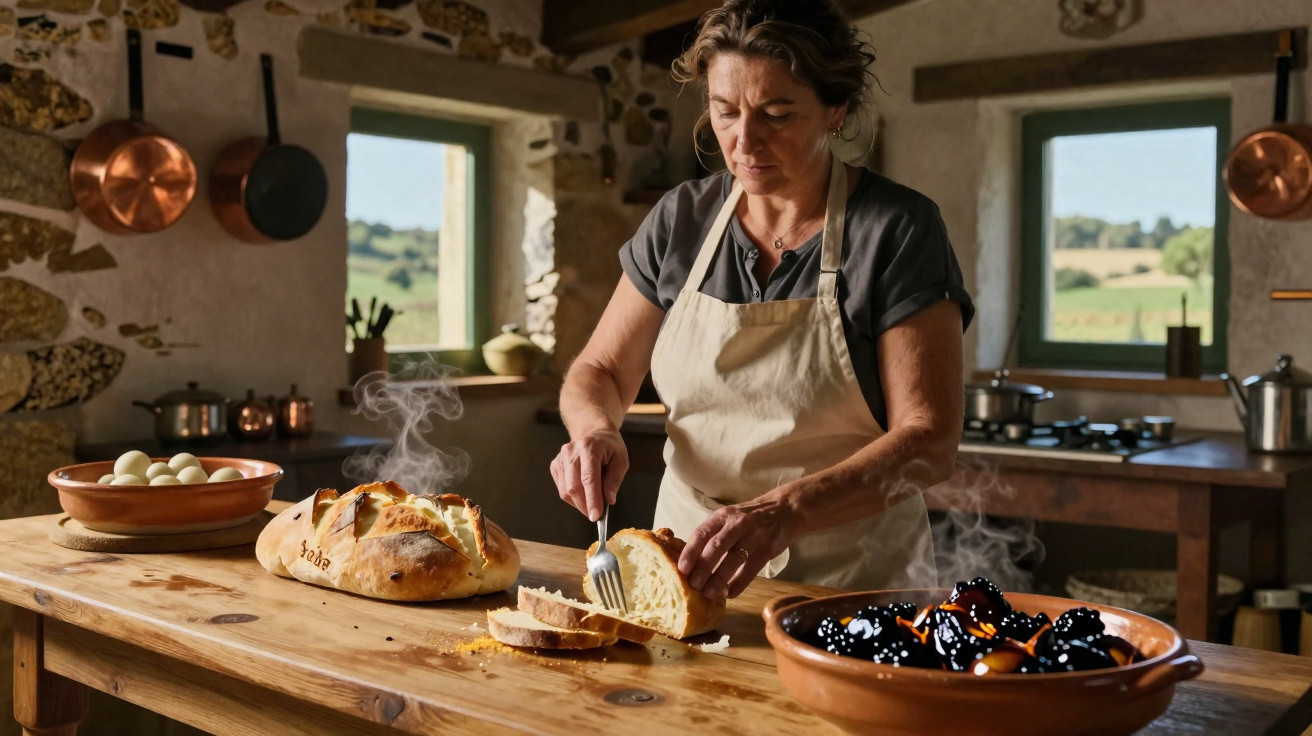 Mulher com avental a cortar pão fresco numa cozinha rústica com vista para campo verde.