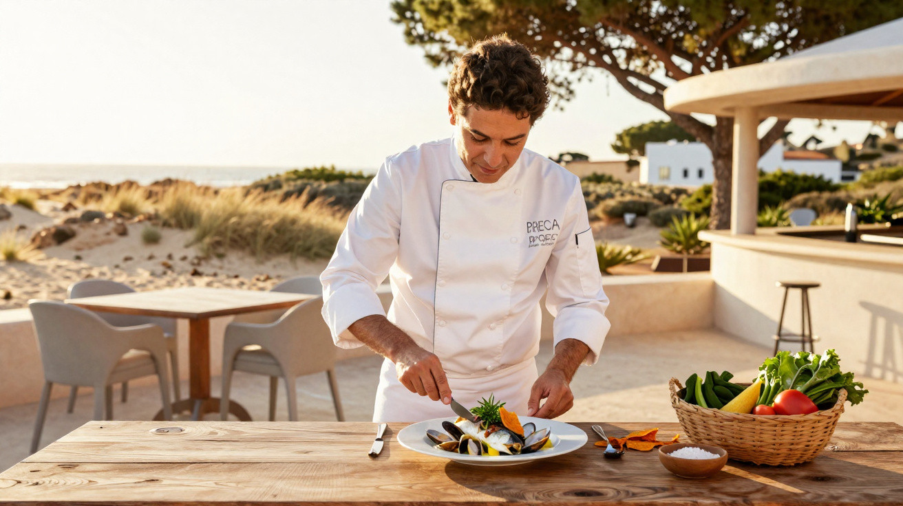 Chef a preparar prato de marisco num restaurante ao ar livre junto à praia ao pôr do sol.