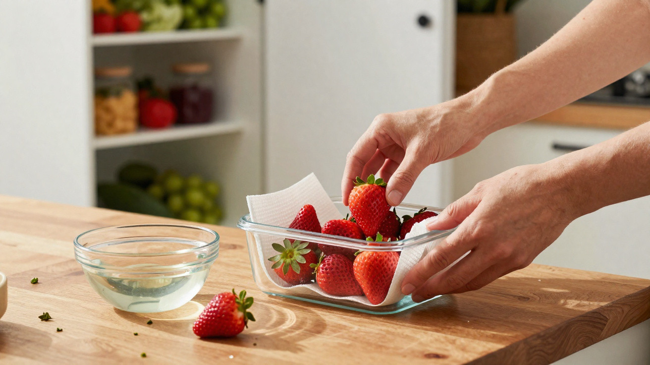 Mãos a colocar morangos num recipiente de vidro com papel absorvente numa cozinha.