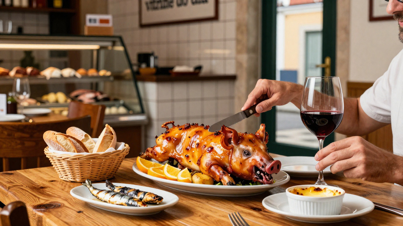 Mesa com leitão assado, fatias de laranja, sardinhas grelhadas, pão, pudim e copo de vinho tinto.