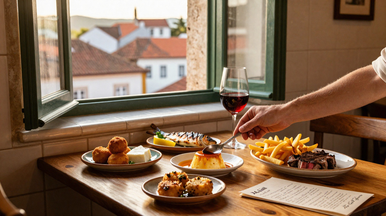 Mesa de madeira com varios pratos de comida portuguesa, vinho tinto e vista para casas brancas pela janela aberta.