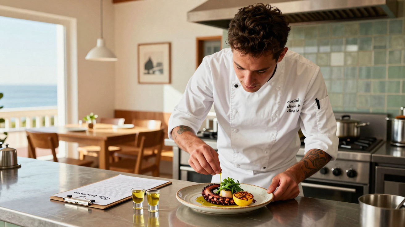 Chef a decorar prato com polvo e legumes numa cozinha moderna com vista mar.