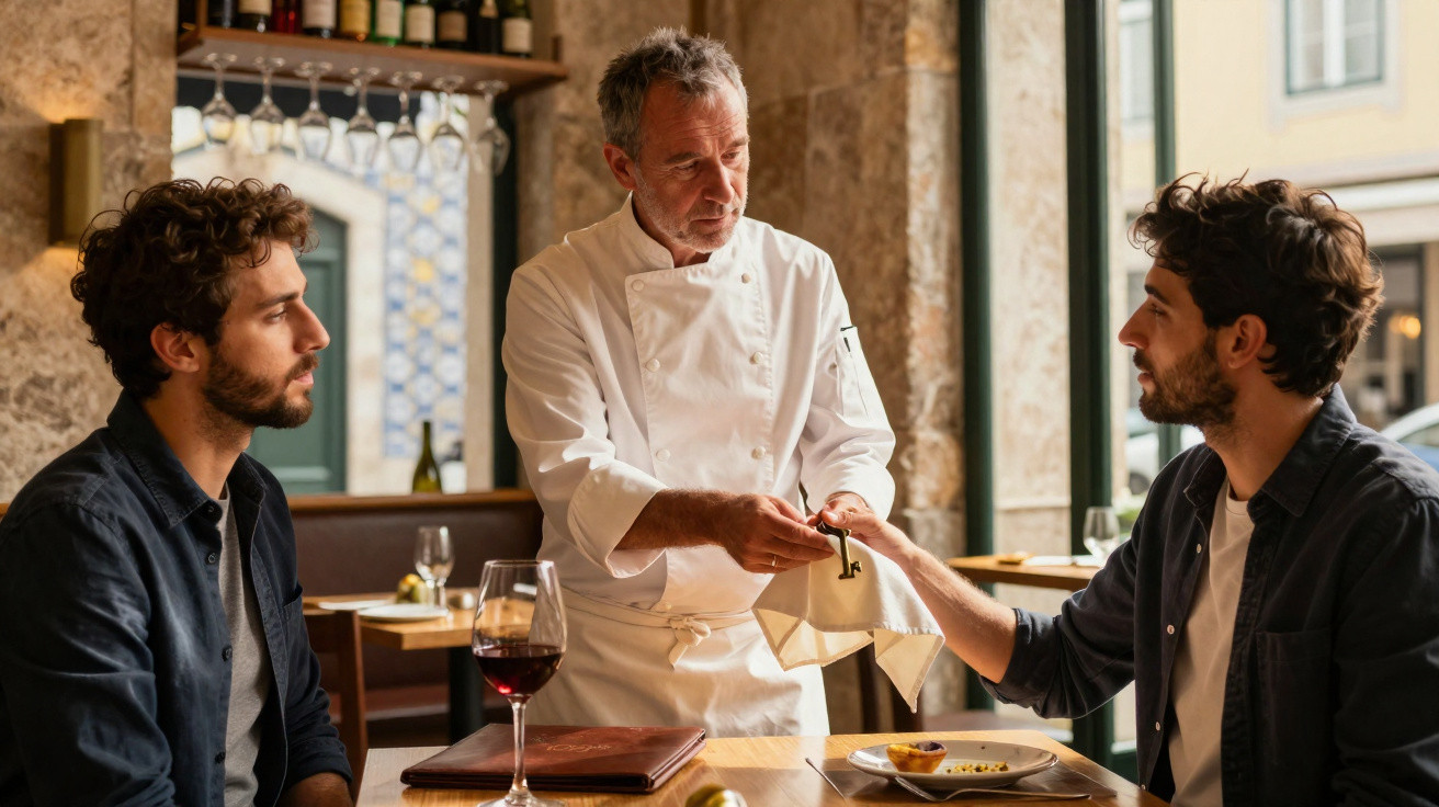 Chef a entregar um prato a um cliente num restaurante, com outro cliente sentado à mesa a observar.