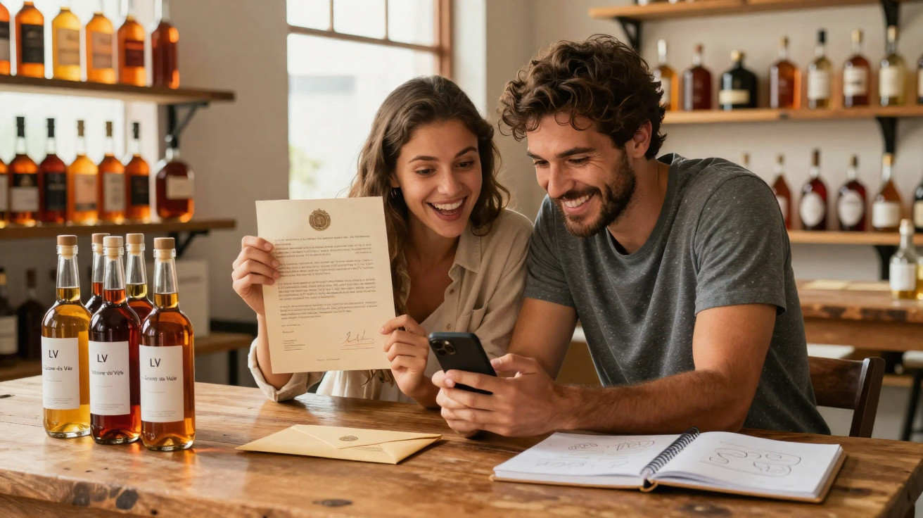 Casal feliz numa loja de vinhos, mostrando documento e olhando para o telemóvel numa mesa de madeira.