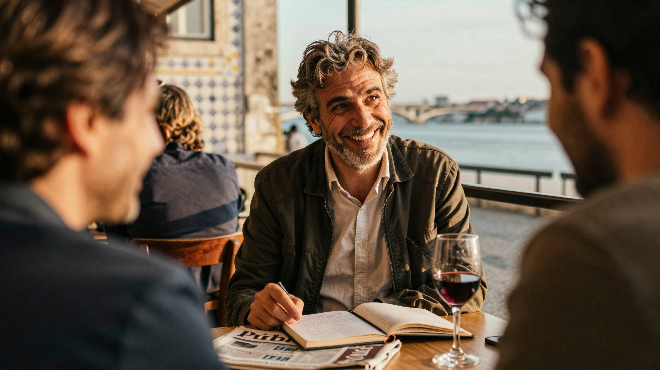 Homem sorridente a conversar e a escrever num caderno num café ao ar livre com vista para o rio.