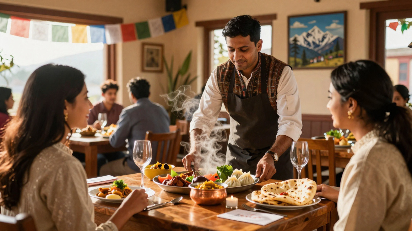 Garçom a servir pratos quentes de comida indiana numa mesa onde duas mulheres aguardam num restaurante acolhedor.