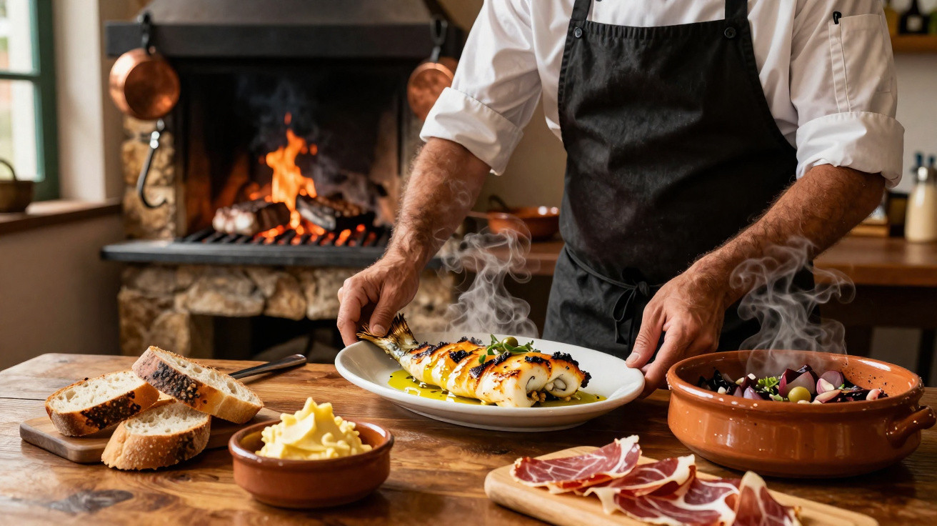 Chef a servir polvo grelhado fumegante numa sala rústica com pão, manteiga e presunto sobre a mesa