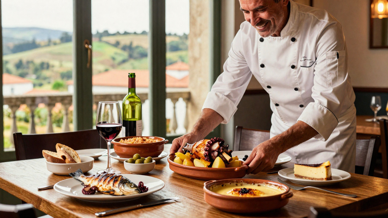 Chef a servir prato com polvo e batatas, mesa posta com peixe grelhado, vinho e sobremesa numa sala iluminada.