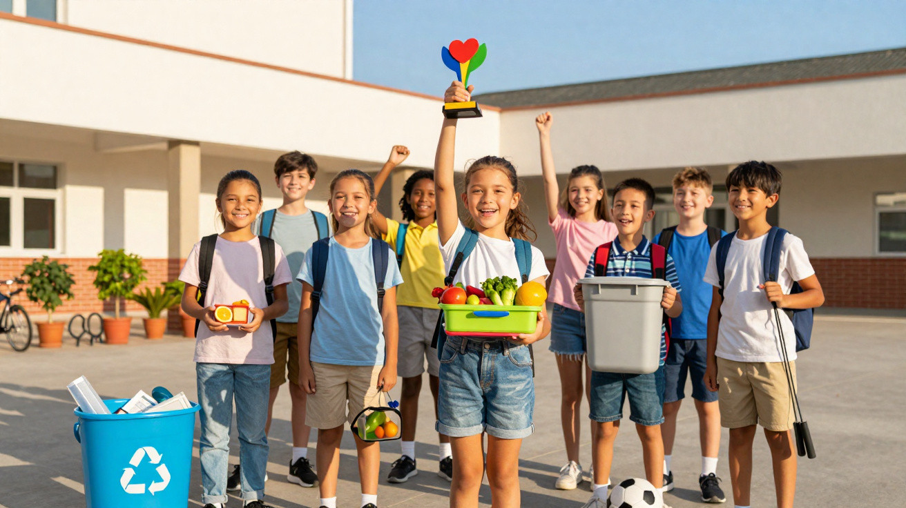 Crianças em pé na escola com lancheira, troféu e caixotes de reciclagem, sorrindo e comemorando.