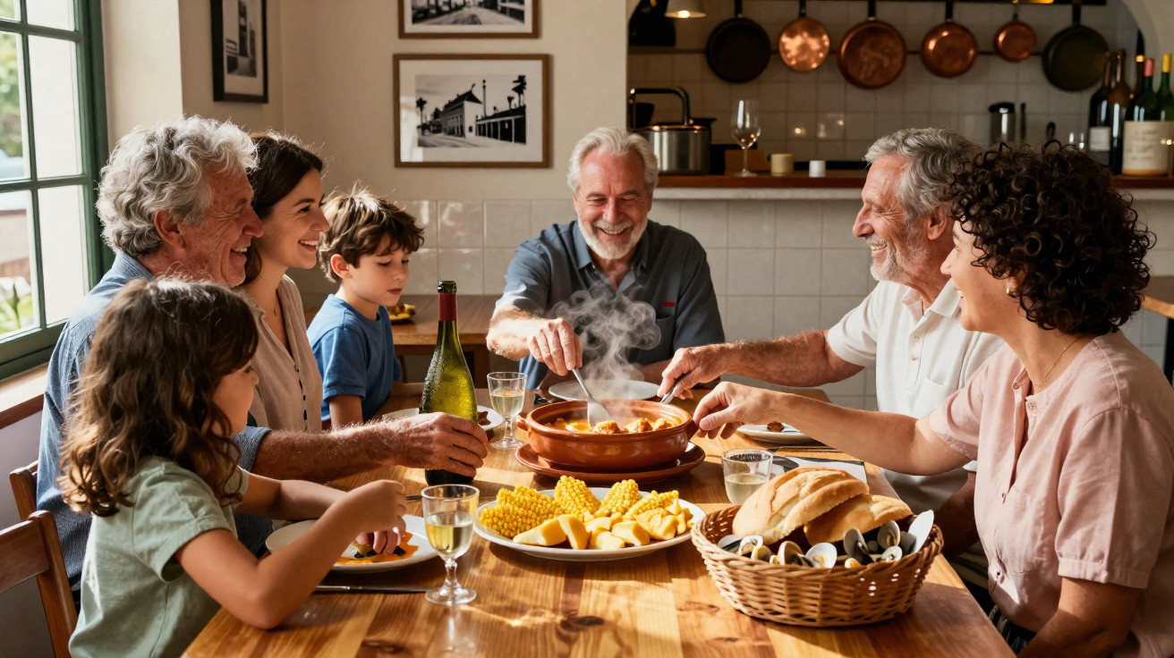 Família multigeracional a partilhar uma refeição quente e alegre à mesa de madeira numa casa acolhedora.