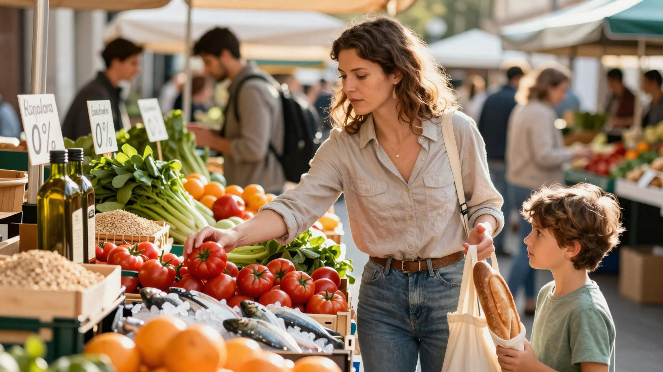 Mulher e criança a escolher tomate num mercado ao ar livre com várias bancas de frutas e legumes.