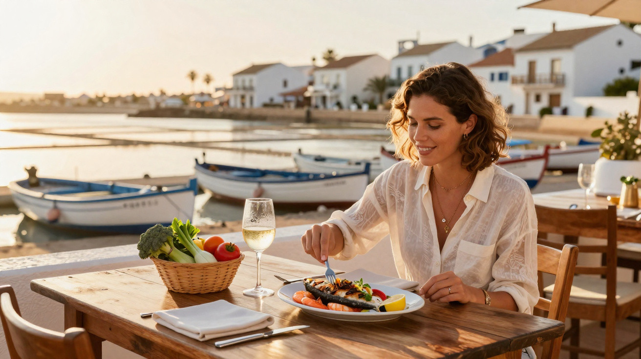 Mulher a jantar peixe grelhado num restaurante à beira de barcos e casas brancas ao pôr do sol.
