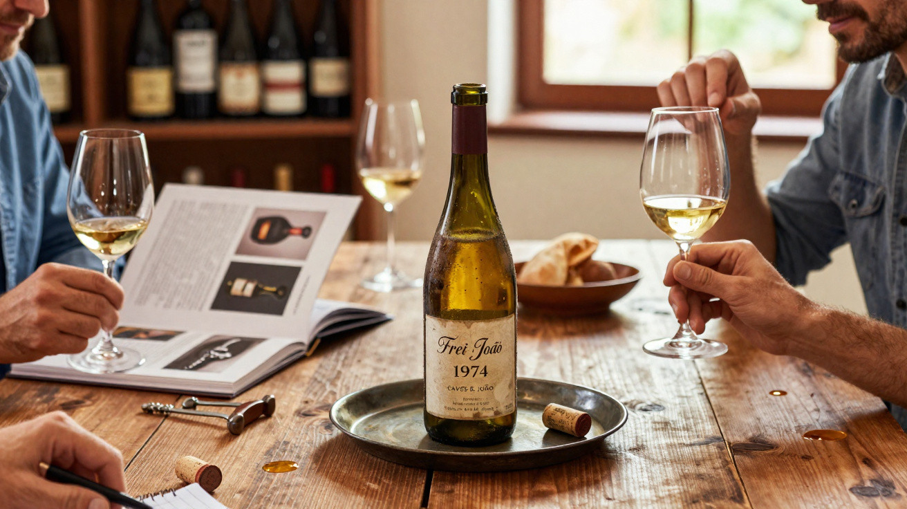 Garrafas e copos de vinho branco numa mesa de madeira com três pessoas a degustar e ler sobre vinho.