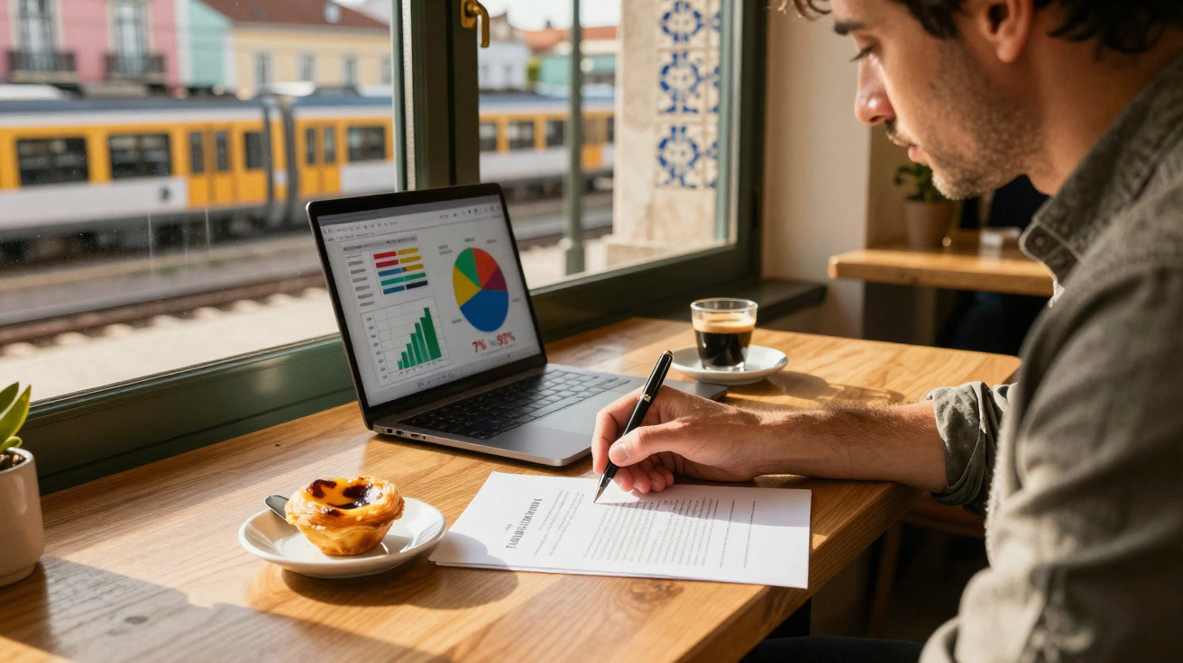 Homem a trabalhar num café com gráfico no portátil, escrevendo num documento e com pastel de nata e café na mesa.