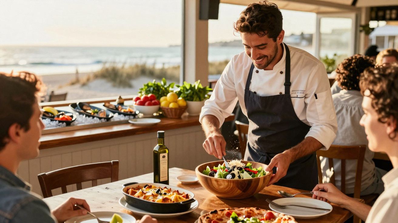 Chef a servir salada numa mesa de restaurante à beira-mar onde duas pessoas esperam a refeição.