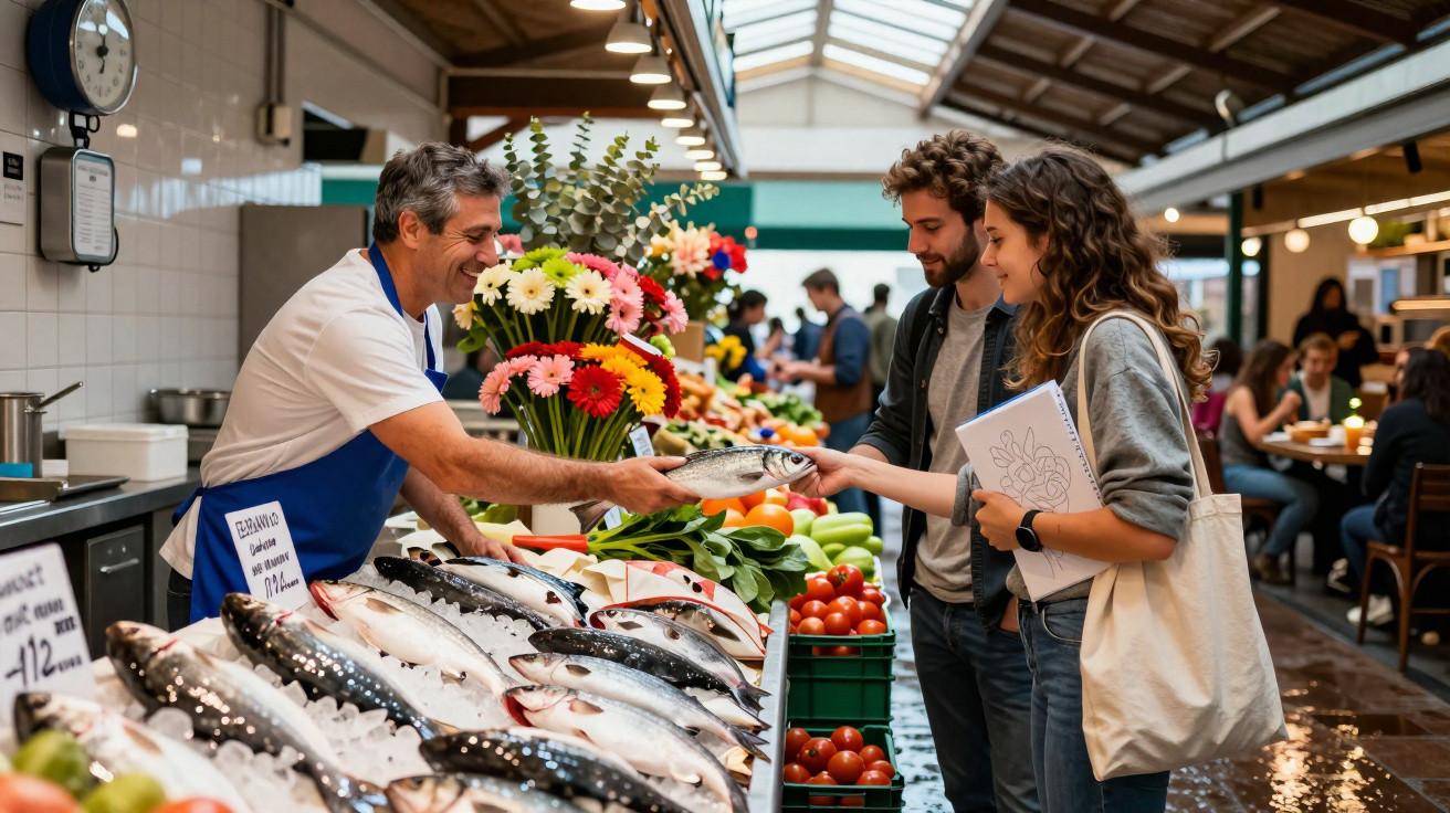 Vendedor entrega peixe a casal numa banca de peixe com flores e legumes num mercado coberto.