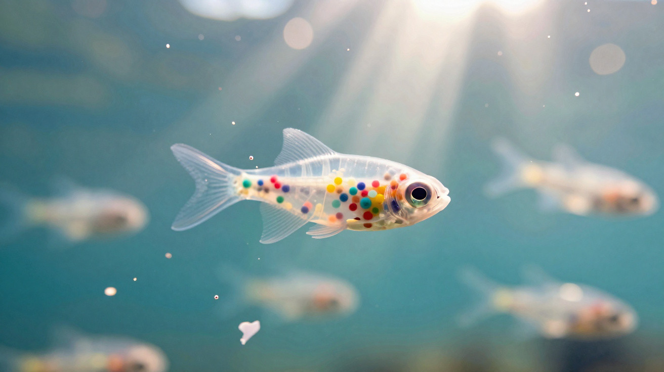 Peixe translúcido com pequenas bolinhas coloridas no corpo a nadar em água azul iluminada pela luz do sol.