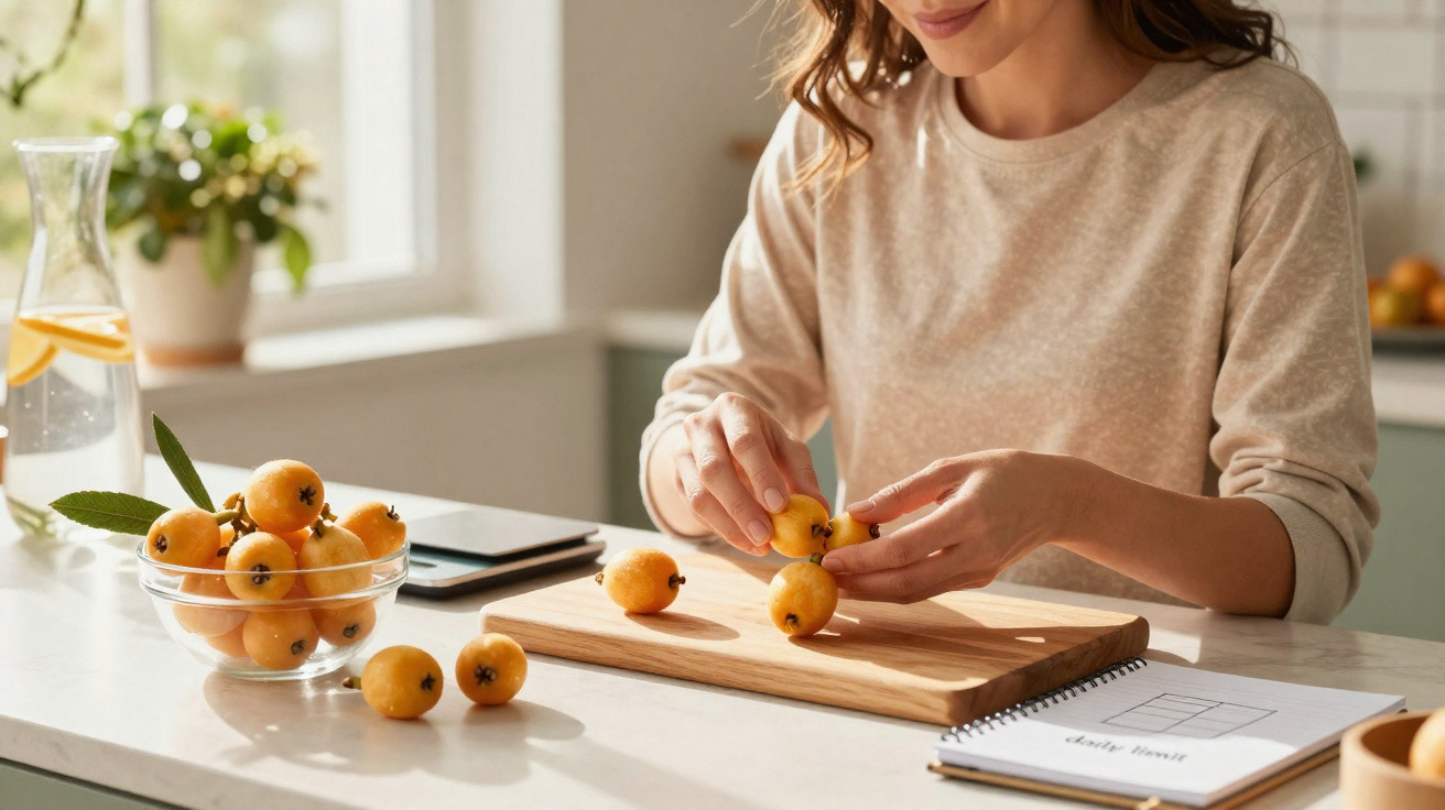 Mulher a descascar nêsperas numa cozinha luminosa com frutas num prato e bloco de notas na bancada.