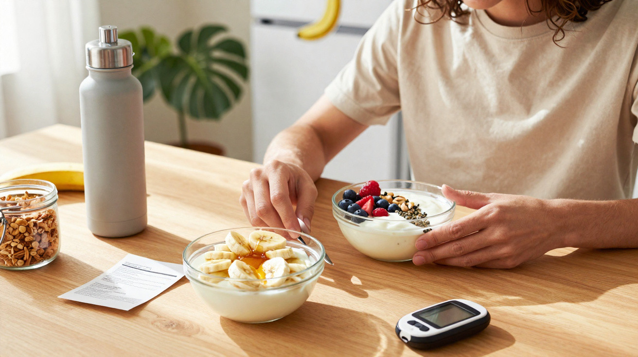 Pessoa a preparar taças com iogurte, banana, frutos vermelhos e granola numa mesa de madeira clara.