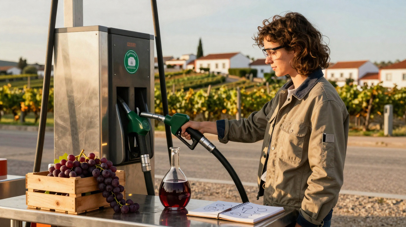 Pessoa a abastecer uma bomba de gasolina com vinho numa vinha, com cacho de uvas e jarra ao lado.