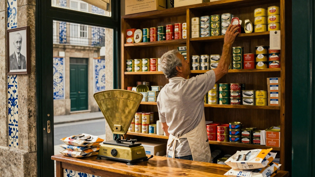 Loja tradicional portuguesa com homem a organizar latas de conserva em prateleiras e balança antiga.