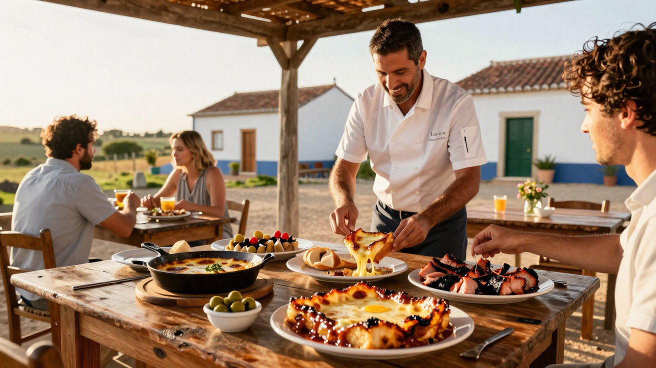 Chef a servir pizza num terraço rústico, com casal a jantar ao fundo e pratos variados na mesa.