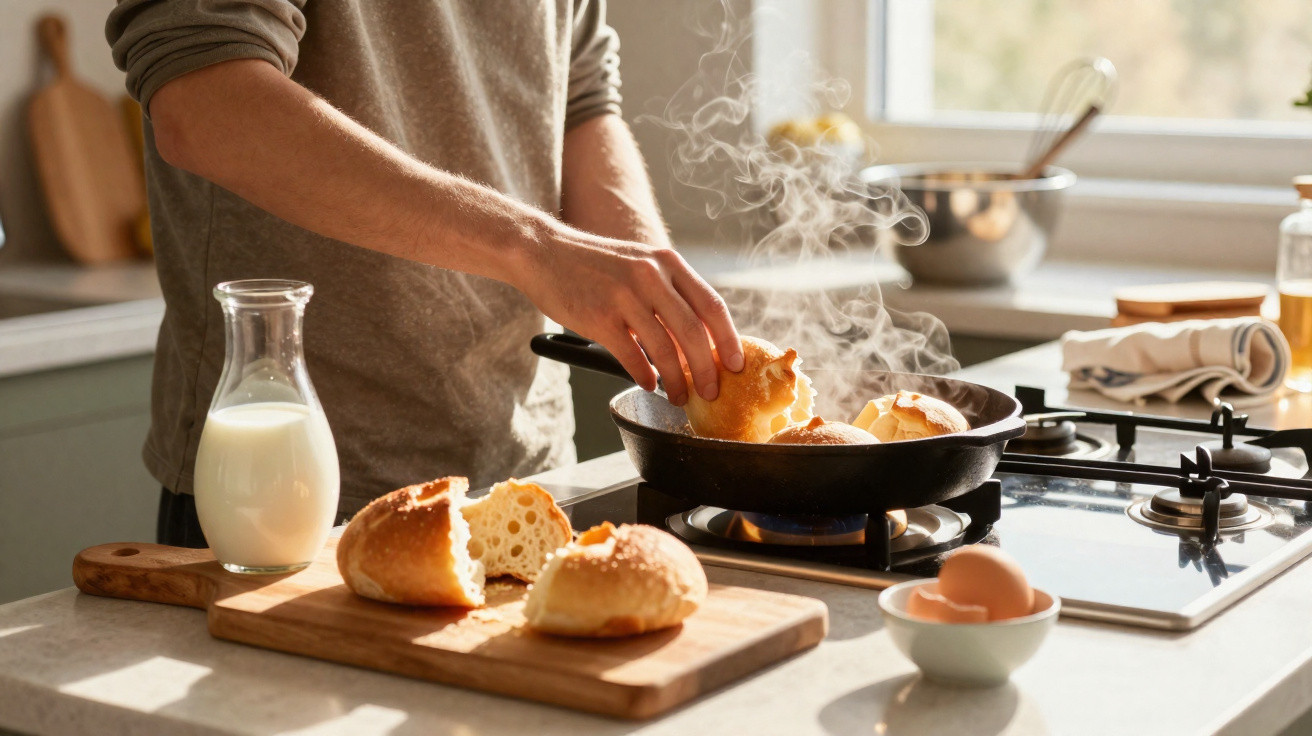 Pessoa a colocar pão quente numa frigideira sobre um fogão, com leite e ovos na bancada da cozinha.