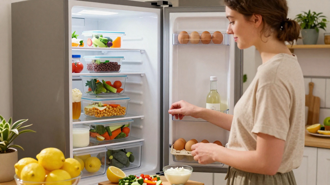 Mulher a guardar ovos no frigorífico aberto cheio de legumes e frutas frescas numa cozinha iluminada.