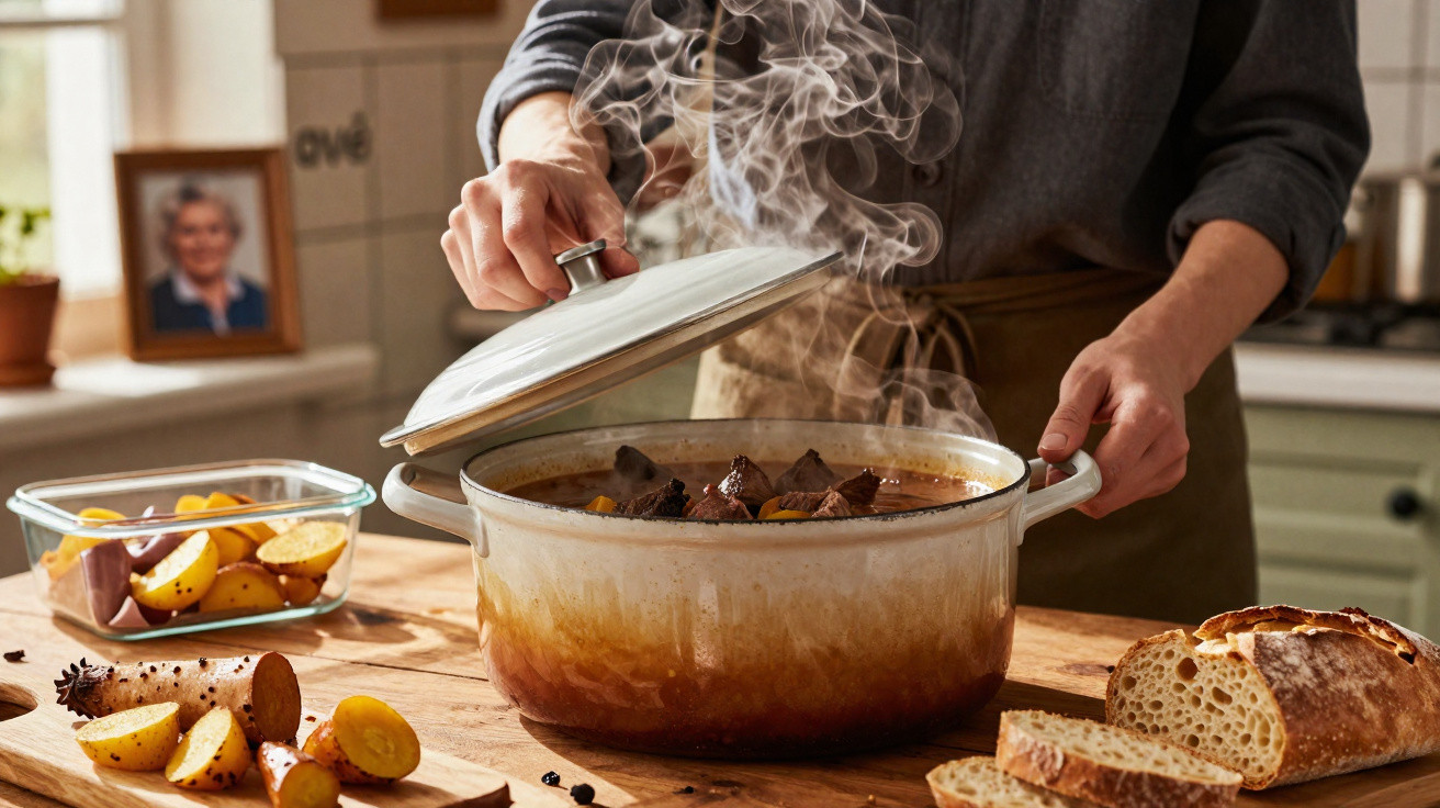 Pessoa a levantar tampa de panela fumegante com ensopado, ao lado de pão fatiado e batatas cortadas numa cozinha.