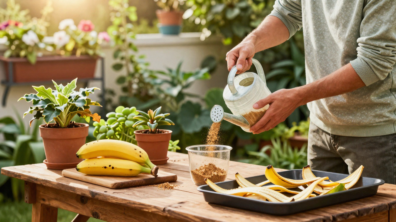 Pessoa a deitar fertilizante em copo transparente numa mesa com bananas, cascas e plantas em vasos.