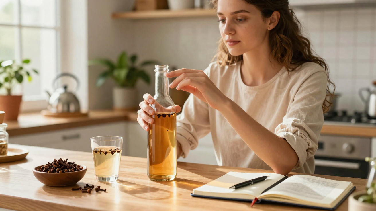Mulher segura garrafa de infusão de especiarias junto a copo e caderno numa cozinha iluminada.