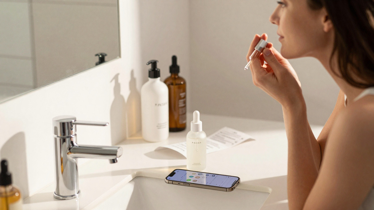 Mulher a aplicar sérum facial com conta-gotas num lavatório branco com produtos de beleza e telemóvel.