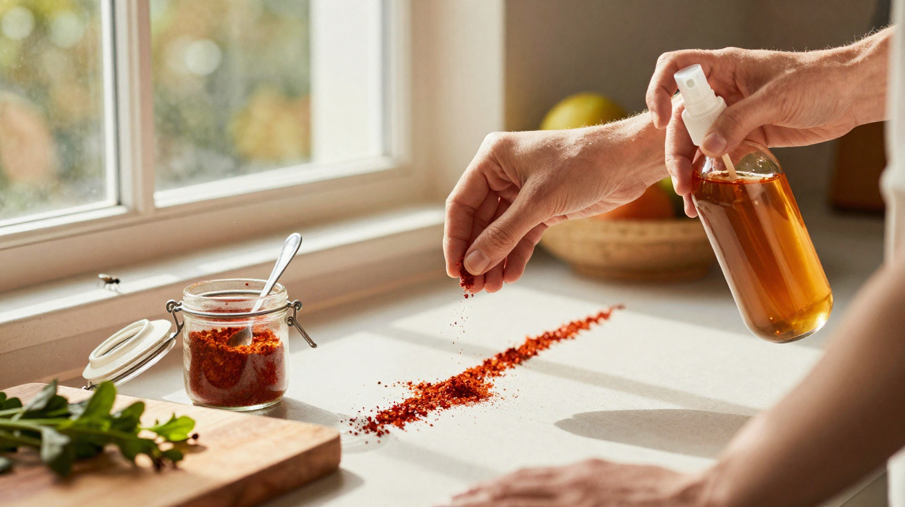 Mãos a polvilhar especiarias vermelhas sobre bancada de cozinha junto a frasco de álcool spray e ervas frescas.