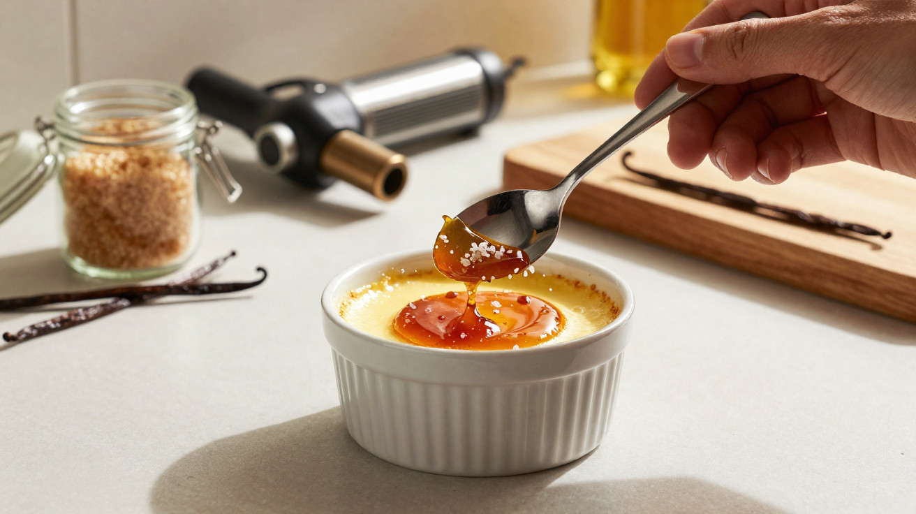 Pessoa a quebrar a camada de caramelo crocante de crème brûlée com colher num ramequim branco.