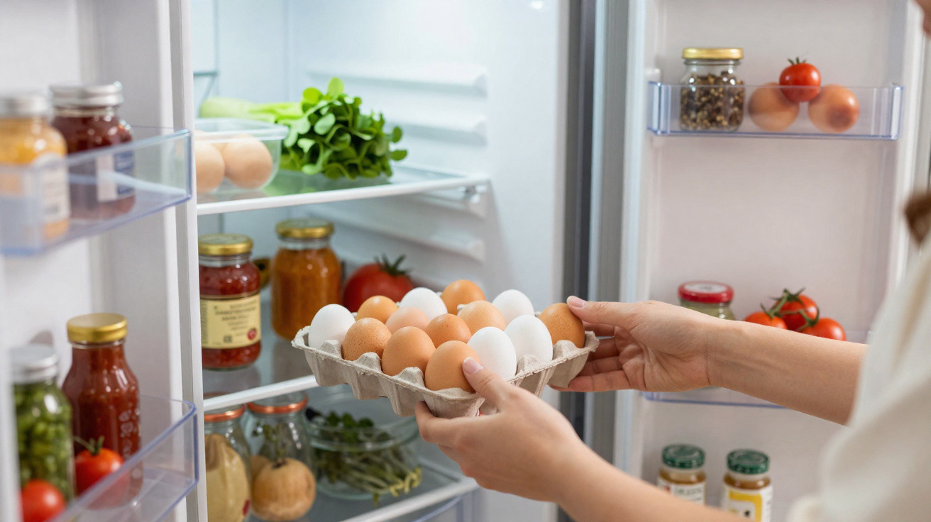 Mãos a colocar tabuleiro com ovos brancos e castanhos dentro do frigorífico aberto com condimentos e legumes.