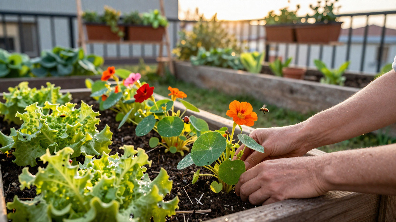Mãos a plantar flores coloridas numa horta com alfaces num canteiro elevado ao pôr do sol.