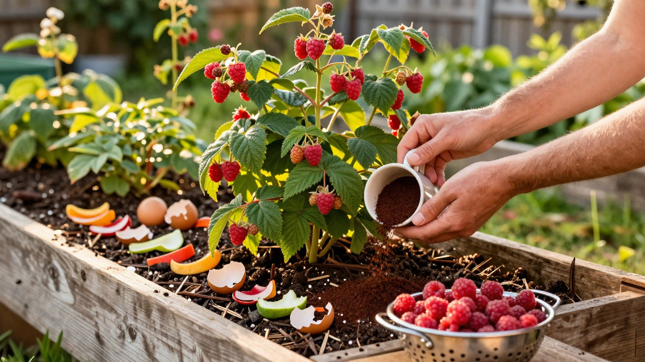 Mãos a fertilizar planta de framboesa num canteiro com frutas, cascas de ovo e terra fértil.
