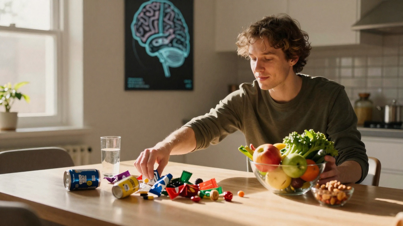 Homem a escolher entre snacks saudáveis e refrigerantes numa mesa de cozinha iluminada.
